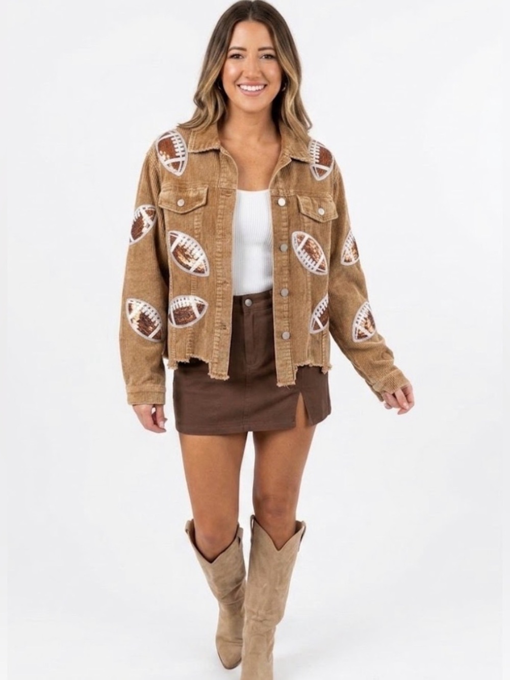 Women’s Sequin Football Corduroy Jacket Patches Raw Hem Casual Fall Denim Large